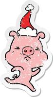 distressed sticker cartoon of a annoyed pig running wearing santa hat vector