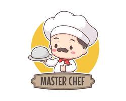 Cute chef logo mascot cartoon character. Chef holding silver plate. People Food Icon Concept Isolated on white. vector