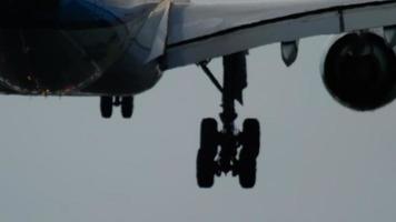 The wide bodied aircraft lands on the illuminated runway in the early morning video