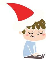 flat color illustration of a happy boy wearing santa hat vector