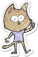 distressed sticker of a cartoon cat giving peace sign vector