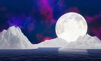 golden yellow full moon starry sky Reflecting the sea with white icebergs. The 15th day of the waxing moon or Mid-Autumn Festival clear sky. 3D rendering. photo