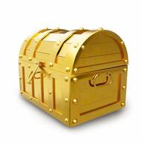 Treasure chest made of gold. Antique chest made of wood and metal, painted gold. Antique padlock locks the treasure chest. on a white background with clipping path. 3D rendering photo