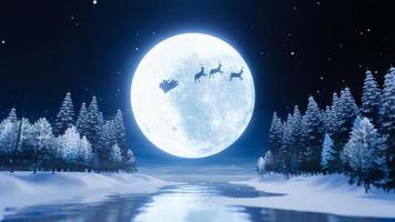 Silhouette Santa and Reindeer with flying in the dark sky with full moon and many stars. The concept for Christmas eve. Super moon is reflected in the sea. A wave the ocean to the island. 3D Rendering photo