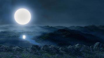 Blue full moon in the sky, at the top of the mountain or evergreen forest. Full moon night in nature, landscape, forest, misty, mountain peak. 3D Rendering photo