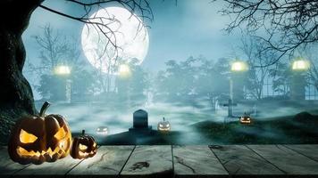Halloween night cemetery, many graves, with pumpkins carved in the face of the devil. The full moon was misty, above the ground the trees had branches without leaves. 3D rendering photo