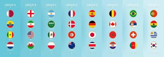 Circle flag collection with gold frame of participants of world soccer 2022 sorted by group. vector