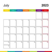 calendario de pared colorido de julio de 2023, la semana comienza el lunes. vector