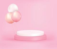Product display podium with pearls balloon on pink background, 3D rendering podium. vector