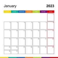 calendario de pared colorido de enero de 2023, la semana comienza el lunes. vector