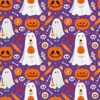 patrón sin costuras de halloween con disfraz de fantasma de perro y niño. truco o trato de patrones sin fisuras vector