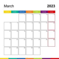 calendario de pared colorido de marzo de 2023, la semana comienza el lunes. vector