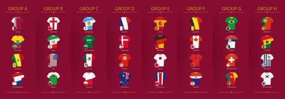 camisetas de fútbol y pelota de fútbol con la bandera de los participantes de la competencia de fútbol 2022 ordenados por grupo. vector