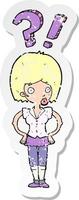 retro distressed sticker of a cartoon woman asking question vector