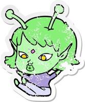 distressed sticker of a pretty cartoon alien girl sitting vector