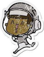 distressed sticker of a happy cartoon astronaut vector