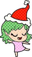 happy comic book style illustration of a elf girl wearing santa hat vector