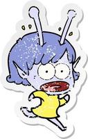 distressed sticker of a cartoon shocked alien girl vector