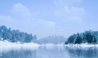 paisaje de bosque de pinos de montaña hay un río o un lago cubierto de nieve en el suelo. el ambiente de la mañana es brumoso a principios de invierno. representación 3d foto