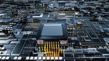 Motherboard panel, electronic device or main board. Industrial technology image within industrial machinery. or a circuit board. CPU or processor chip on a circuit board. 3D rendering photo