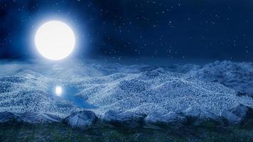 Terrain, high mountains and cliffs at night when it's snowing in winter. Full moon night on a high mountain. 3D rendering photo