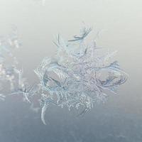 snowflake close up on window glass at winter dawn photo