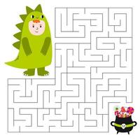 Maze game for children. Cute boy in costume dinosaur looking for a way to the witches cauldron with sweets. Children's educational game. Vector cartoon illustration.