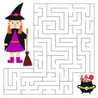 Maze game for children. Cute boy in costume witch looking for a way to the witches cauldron with sweets. Children's educational game. Vector cartoon illustration.