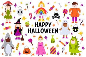 Happy Halloween. Set of cute cartoon children in colorful halloween costumes ghost, witch, dinosaur, pumpkin, princess, mushroom, shark and rainbow. Trick or treat elements. vector
