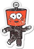 distressed sticker of a happy cartoon robot pointing vector