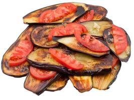 fried eggplants with fresh tomato isolated photo