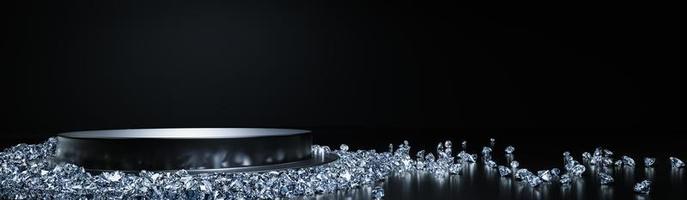 expositor circular. diamantes de varios tamaños apilados en el suelo. concepto de exhibición de joyas de lujo y caro. representación 3d foto