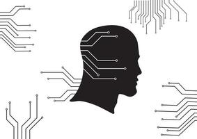 Black and white Human head with digital circuit incorporated. Vector illustration of artificial intelligence