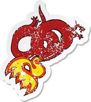 pegatina retro angustiada de un dragón de dibujos animados respirando fuego vector