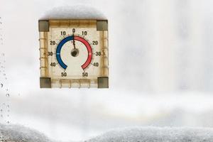 snow-covered window thermometer in winter day photo