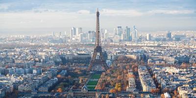 above view of Eiffel Tower and La Defence in Paris photo