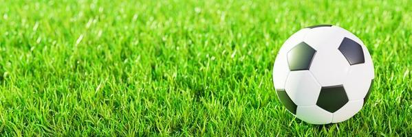 balón de fútbol realista o patrón básico de balón de fútbol en campo de hierba verde con luz solar y sol. Estilo 3d y concepto de representación para el juego. utilizar para fondo o papel tapiz. foto