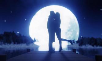 amantes de la silueta besándose románticamente hay una luna llena y una estrella llena del cielo como fondo. Propuestas románticas y de matrimonio. representación 3d foto