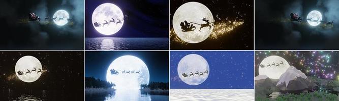 conjunto de silueta santa y renos volando en el cielo oscuro con luna llena y muchas estrellas. el concepto de nochebuena. representación 3d foto