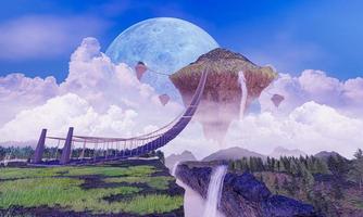 Nature, a fantasy floating mountain with a rope ladder connected from the ground. The hilltop has trees or pines that cascade from the cliffs. 3D rendering photo