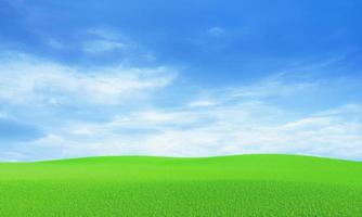 cielo azul y hermosa nube con árbol de pradera. fondo de paisaje llano para el cartel de verano. la mejor vista para vacaciones. imagen de campo de hierba verde y cielo azul con nubes blancas. representación 3d foto