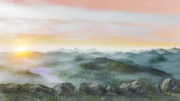 Complex mountain scenery of the rainforest or dense forest on the top of the mountain. In the morning the sunrise or sunset. The landscape is high mountain peaks covered with fog. 3D rendering photo