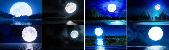 Set of The blue full moon is reflected in the sea. A wave of water from the ocean to the island. The sky has many stars. Ripples on the river at dark night or Mysterious. 3D Rendering photo