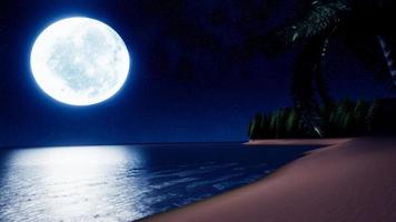 amplia playa y mar con pinos y montañas se alternan al fondo. noche de luna llena las estrellas brillantes están llenando el cielo. paisaje nocturno de mar y playa. representación 3d foto