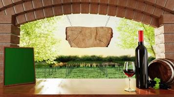 red wine in tall glass Place next to wine bottles and small barrels. on the counter by the window The floor is made of wood. red brick wall window outside the vineyard For making drinks. 3D rendering photo