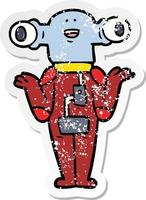 distressed sticker of a friendly cartoon alien shrugging vector