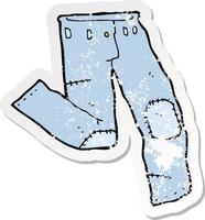retro distressed sticker of a cartoon patched old jeans vector