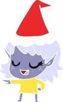 happy flat color illustration of a elf girl pointing wearing santa hat vector