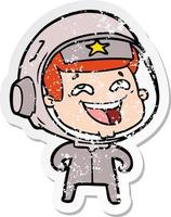 distressed sticker of a cartoon laughing astronaut vector