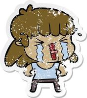 distressed sticker of a cartoon woman in tears vector